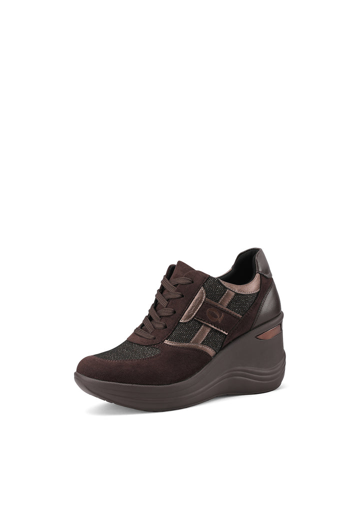 Sneakers da donna marrone con tacco alto 8 cm e lacci