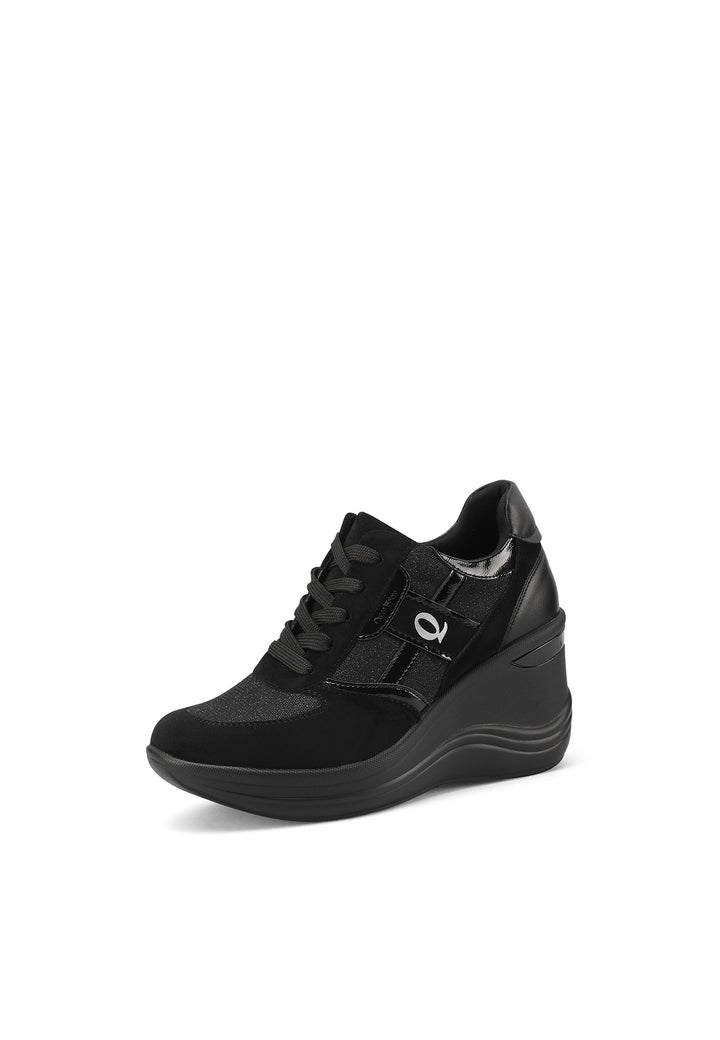 Sneakers da donna nero con tacco alto 8 cm e lacci