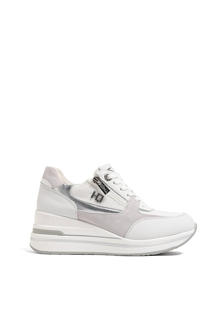 Sneakers stringate in vera pelle colore grigio con zip e plateau