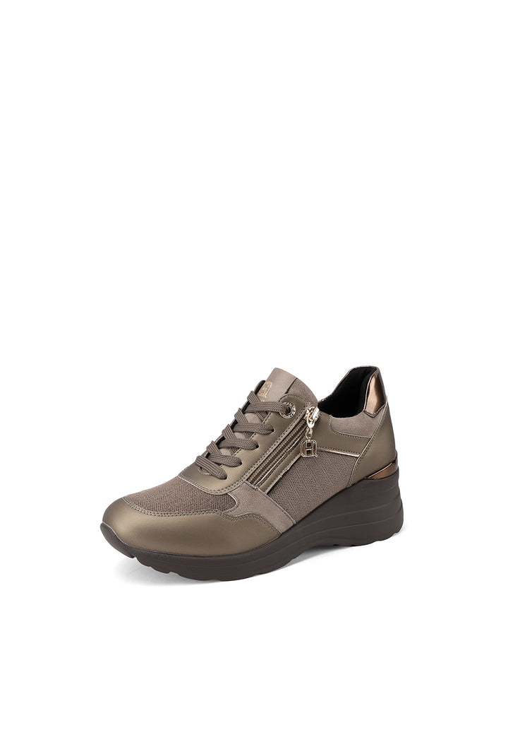 Sneakers da donna color bronzo con zeppa alta, zip laterale e dettagli luminosi