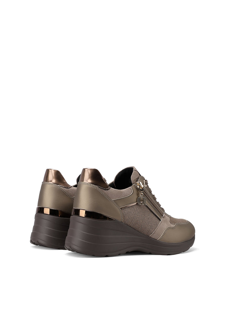 Sneakers da donna color bronzo con zeppa alta, zip laterale e dettagli luminosi