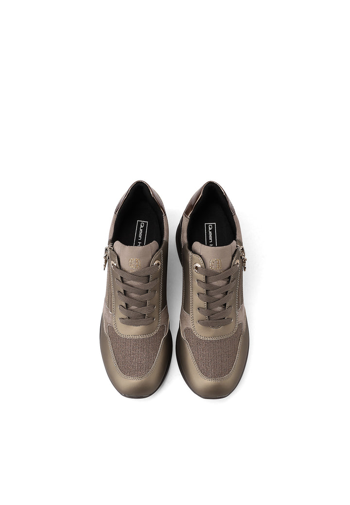 Sneakers da donna color bronzo con zeppa alta, zip laterale e dettagli luminosi