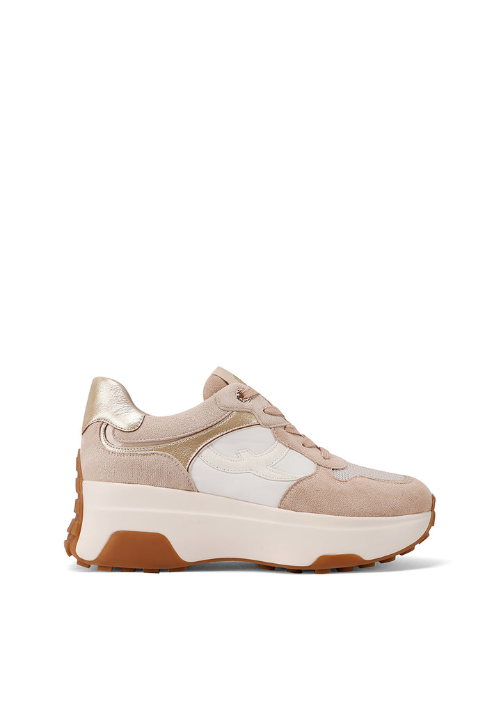Sneakers da donna con zeppa alta e suola dentata, dettagli laminati su tomaia