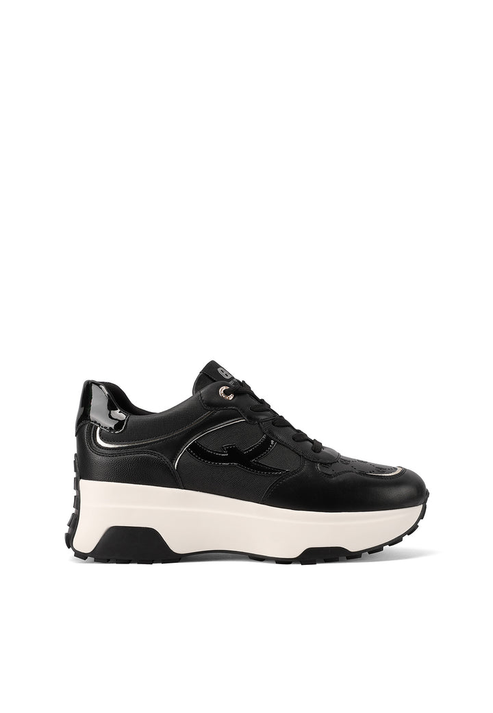 Sneakers da donna con zeppa alta e suola dentata, dettagli laminati su tomaia