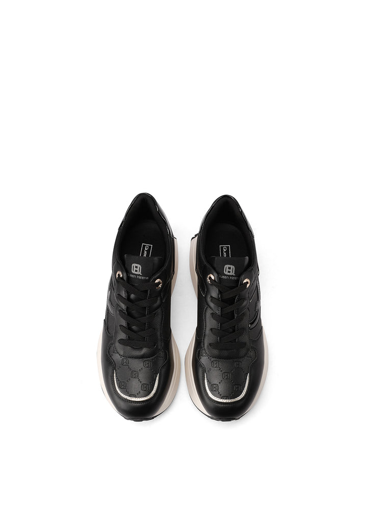 Sneakers da donna con zeppa alta e suola dentata, dettagli laminati su tomaia