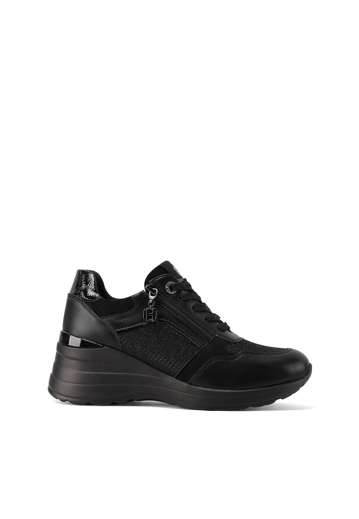 Sneakers da donna nere con zeppa in gomma e zip laterale, stile elegante