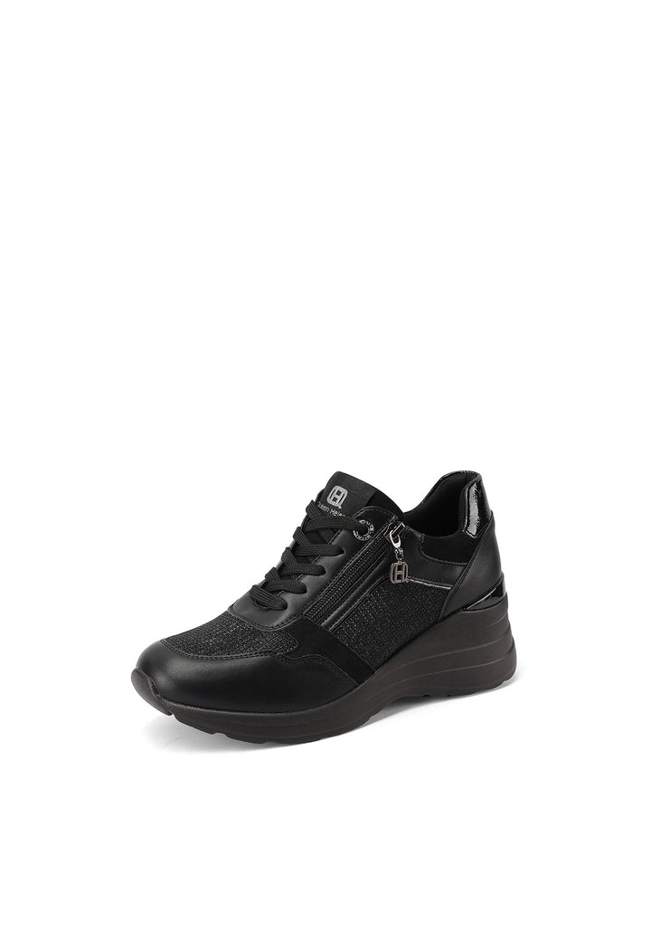 Sneakers da donna nere con zeppa in gomma e zip laterale, stile elegante