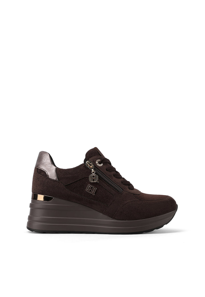 Sneakers da donna con zeppa alta, zip laterale, suola in gomma e tomaia in materiali misti