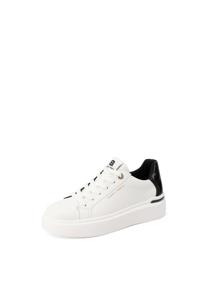 sneakers ecopelle bianca dettagli neri con suola alta platform e lacci