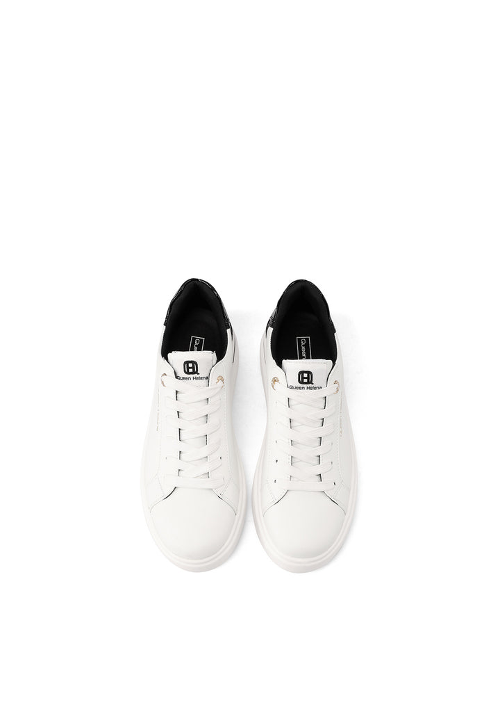 sneakers ecopelle bianca dettagli neri con suola alta platform e lacci