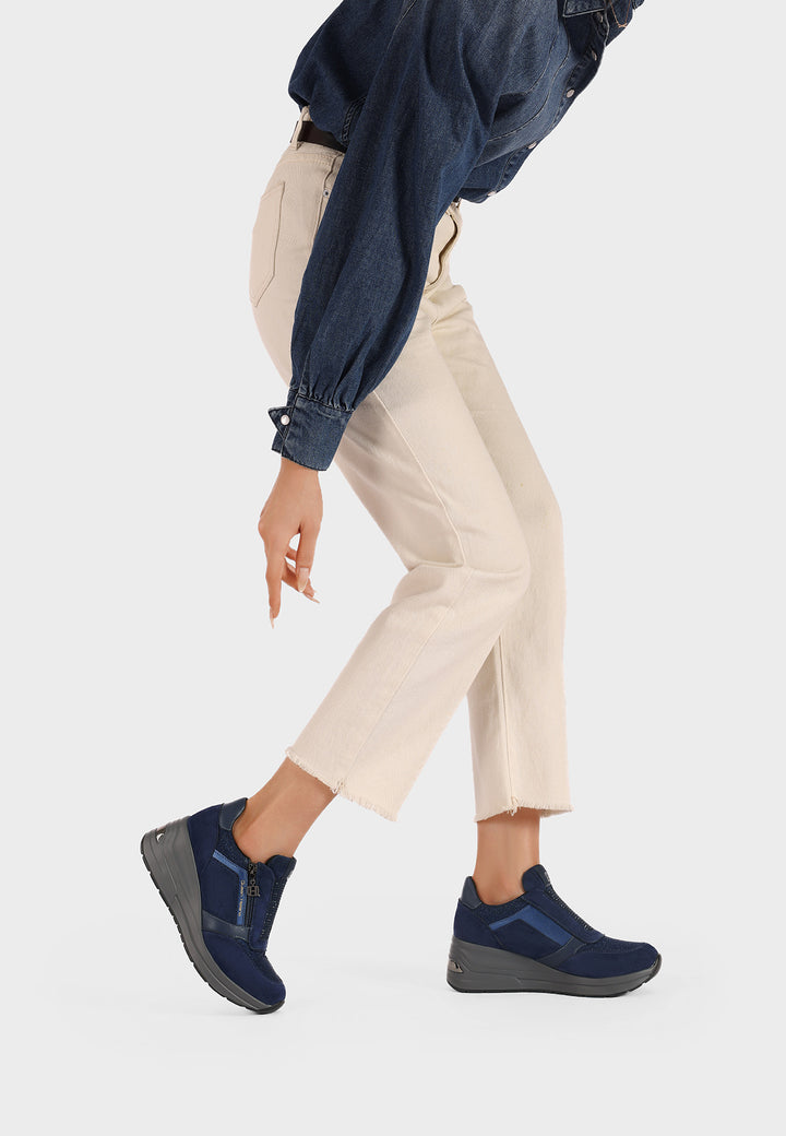 sneakers eleganti da donna blu navy con cerniera e tacco alto in gomma
