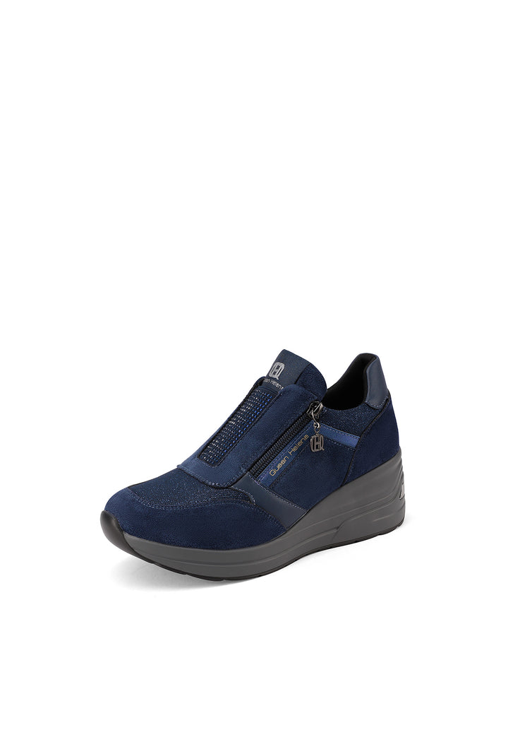 sneakers eleganti da donna blu navy con cerniera e tacco alto in gomma