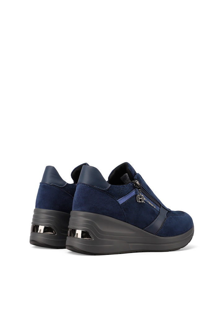 sneakers eleganti da donna blu navy con cerniera e tacco alto in gomma