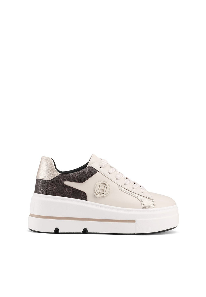 Sneakers beige da donna con suola alta e lacci