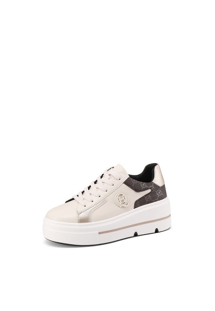 Sneakers beige da donna con suola alta e lacci