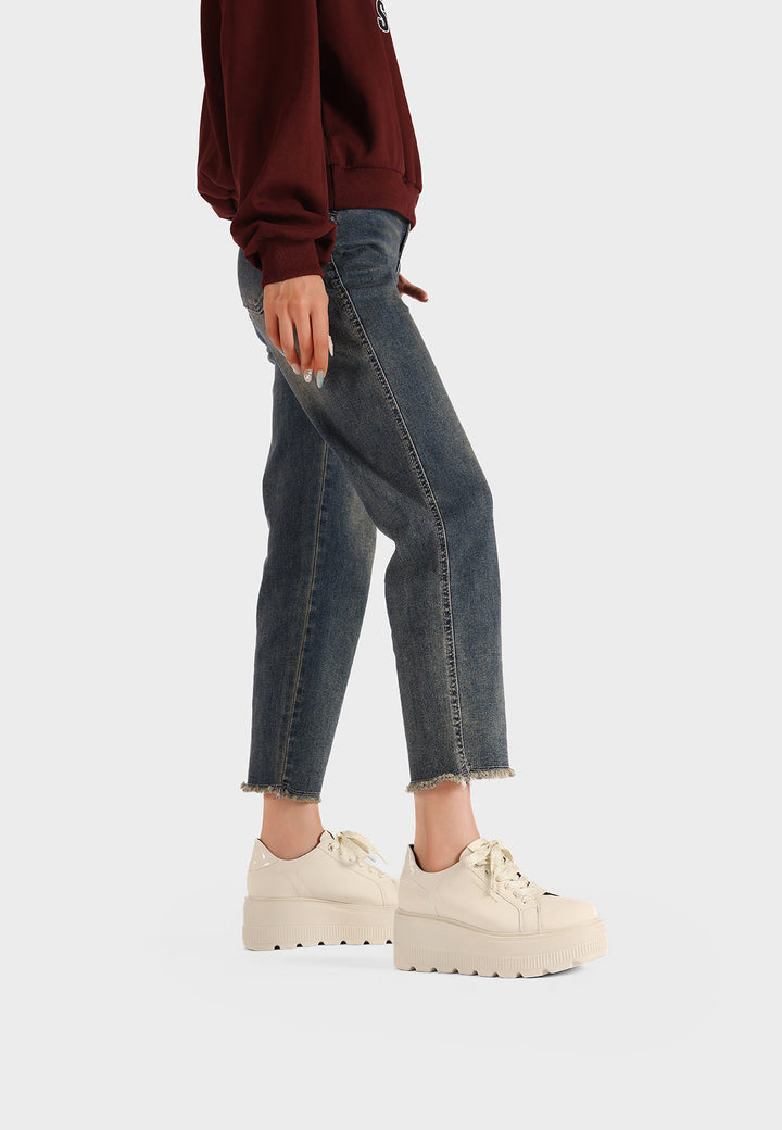 Sneakers platform beige da donna in ecopelle con suola alta