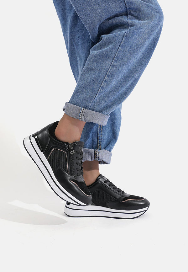 sneakers stringate con platform e chiusura lampo colore nero