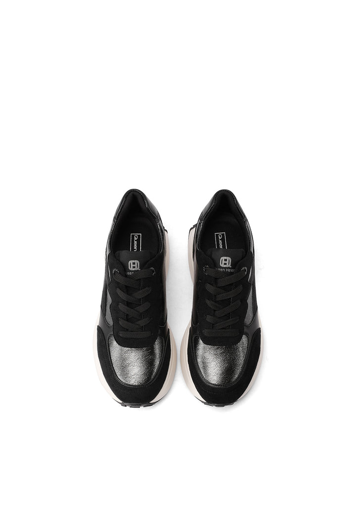 Sneakers sportive in ecopelle e microfibra con tacco alto in gomma e lacci