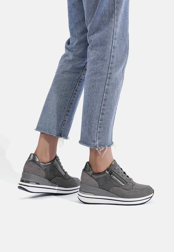 sneakers stringate da donna colore grigio con chiusura laterale zip e platform 