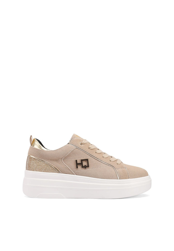 Sneakers stringate in vera pelle con suola alta colore beige