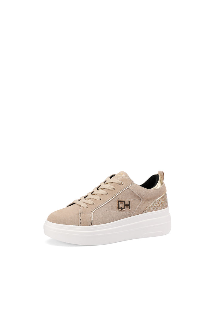 Sneakers stringate in vera pelle con suola alta colore beige