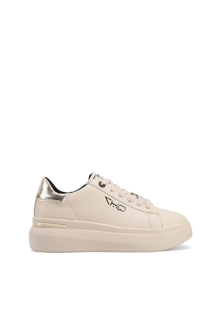 Sneakers stringate in vera pelle con suola alta colore beige