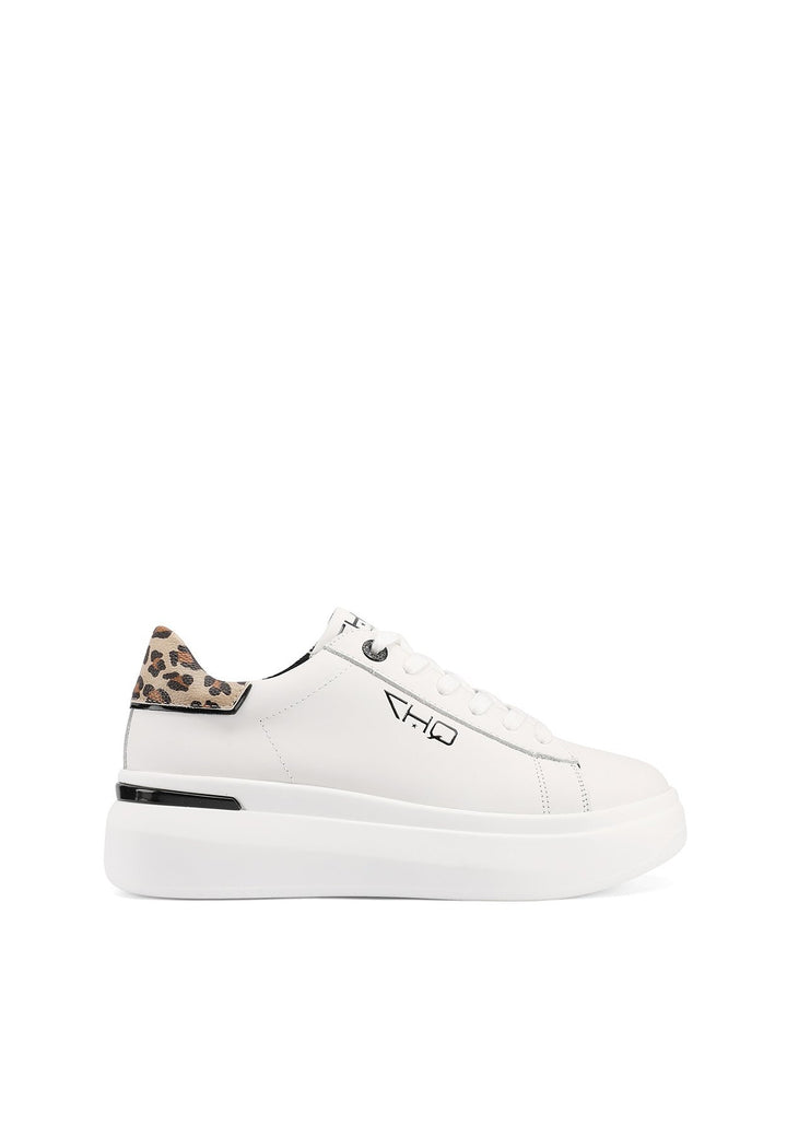 Sneakers stringate in vera pelle con suola alta colore bianco leopardato