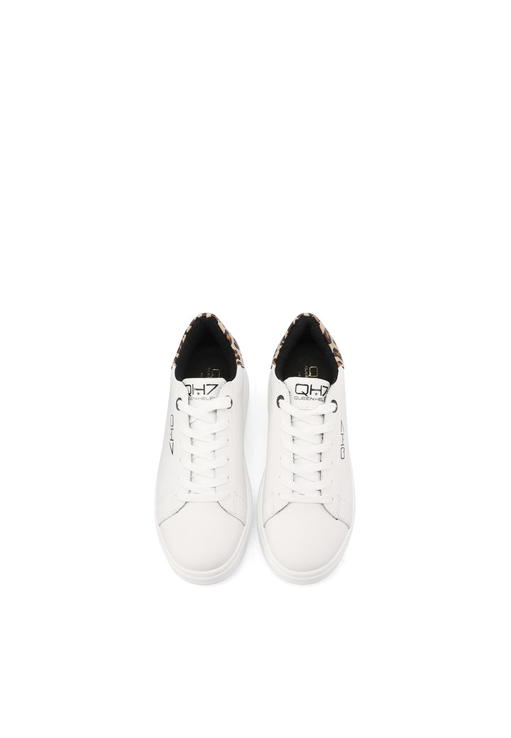 Sneakers stringate in vera pelle con suola alta colore bianco leopardato