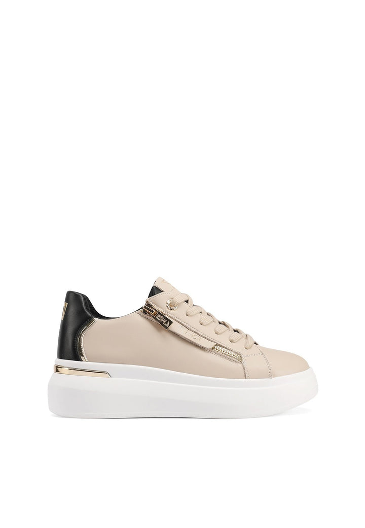 Sneakers stringate in vera pelle con suola alta colore beige