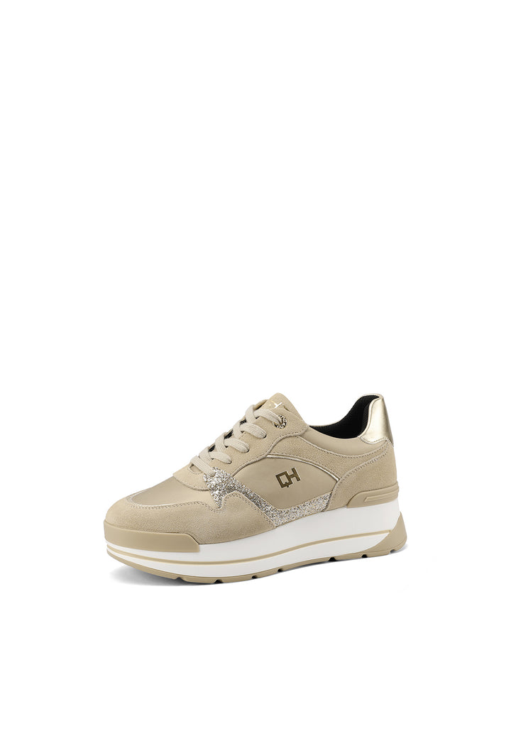 sneakers stringate in vera pelle con suola alta colore beige