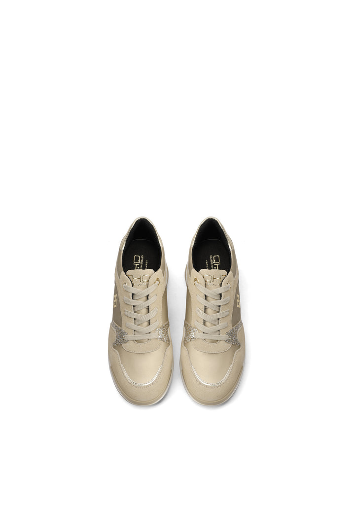 sneakers stringate in vera pelle con suola alta colore beige