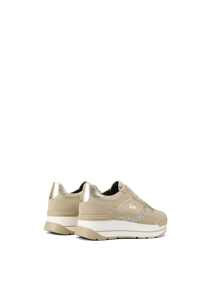 sneakers stringate in vera pelle con suola alta colore beige