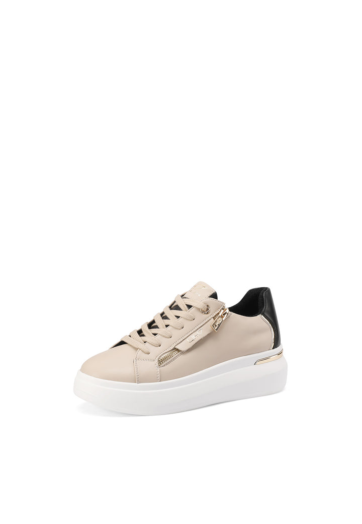 Sneakers stringate in vera pelle con suola alta colore beige