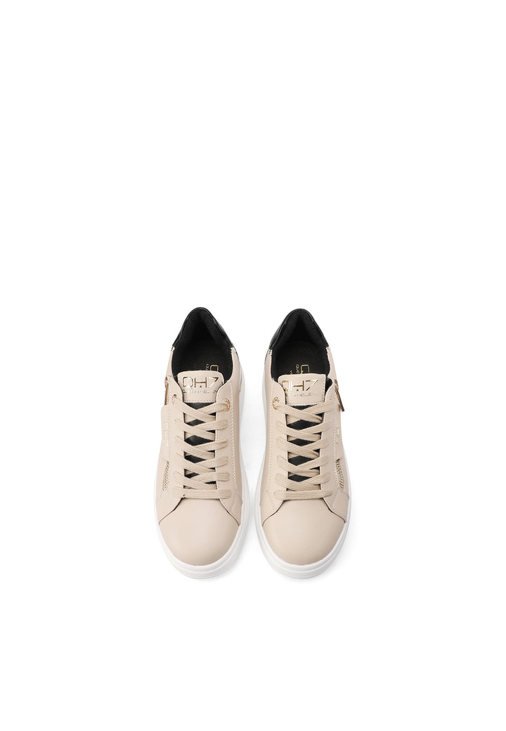 Sneakers stringate in vera pelle con suola alta colore beige