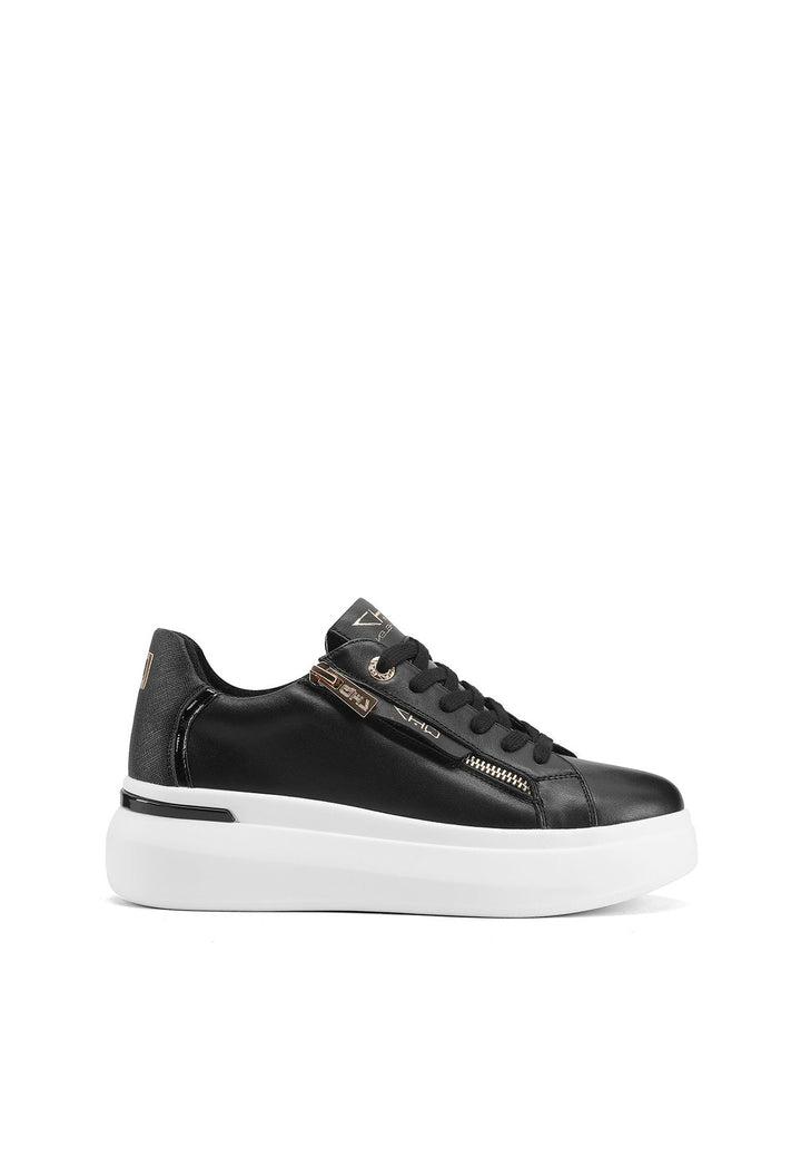 Sneakers stringate in vera pelle con suola alta colore nero