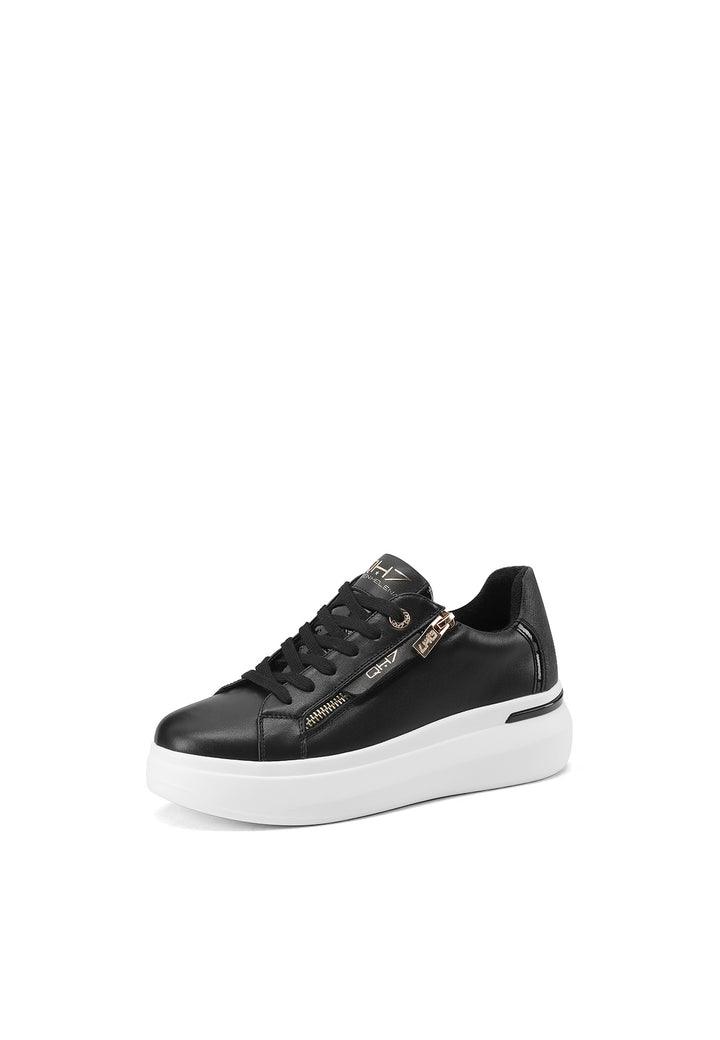 Sneakers stringate in vera pelle con suola alta colore nero