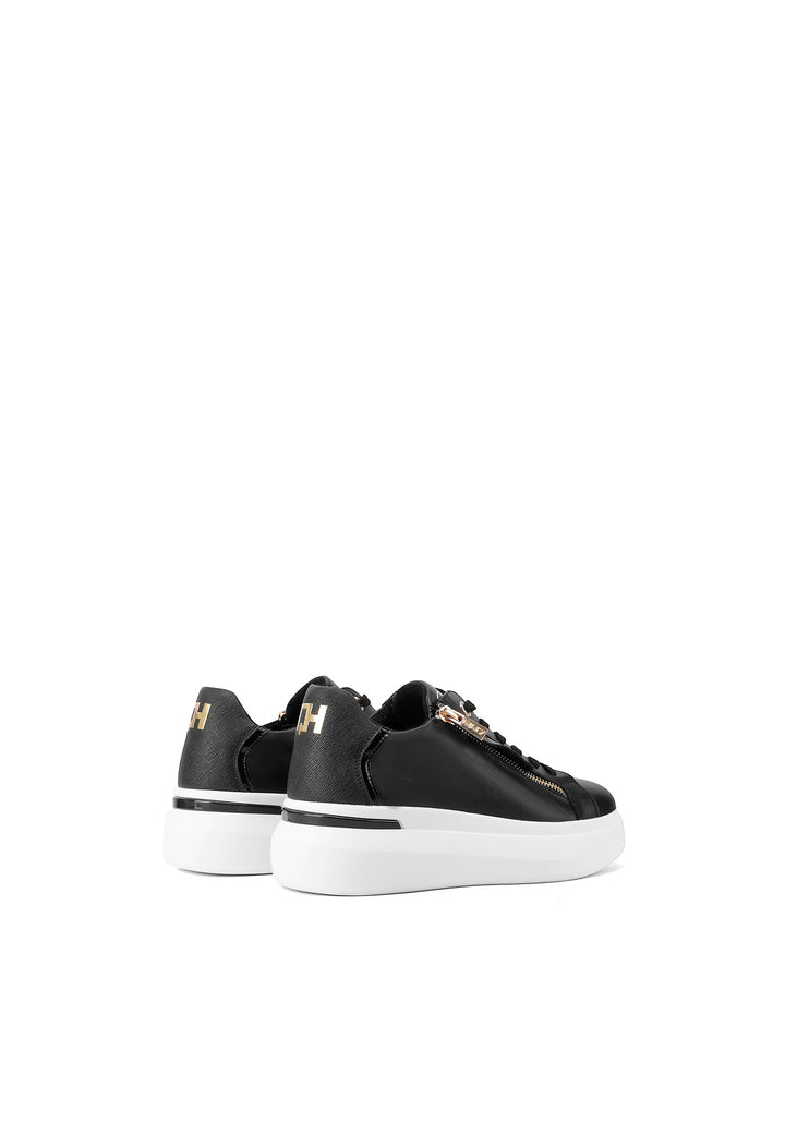 Sneakers stringate in vera pelle con suola alta colore nero