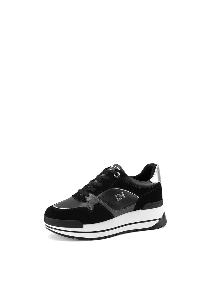 sneakers stringate in vera pelle con suola alta colore nero