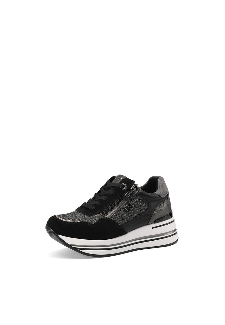 Sneakers in vera pelle stringate con suola alta colore nero