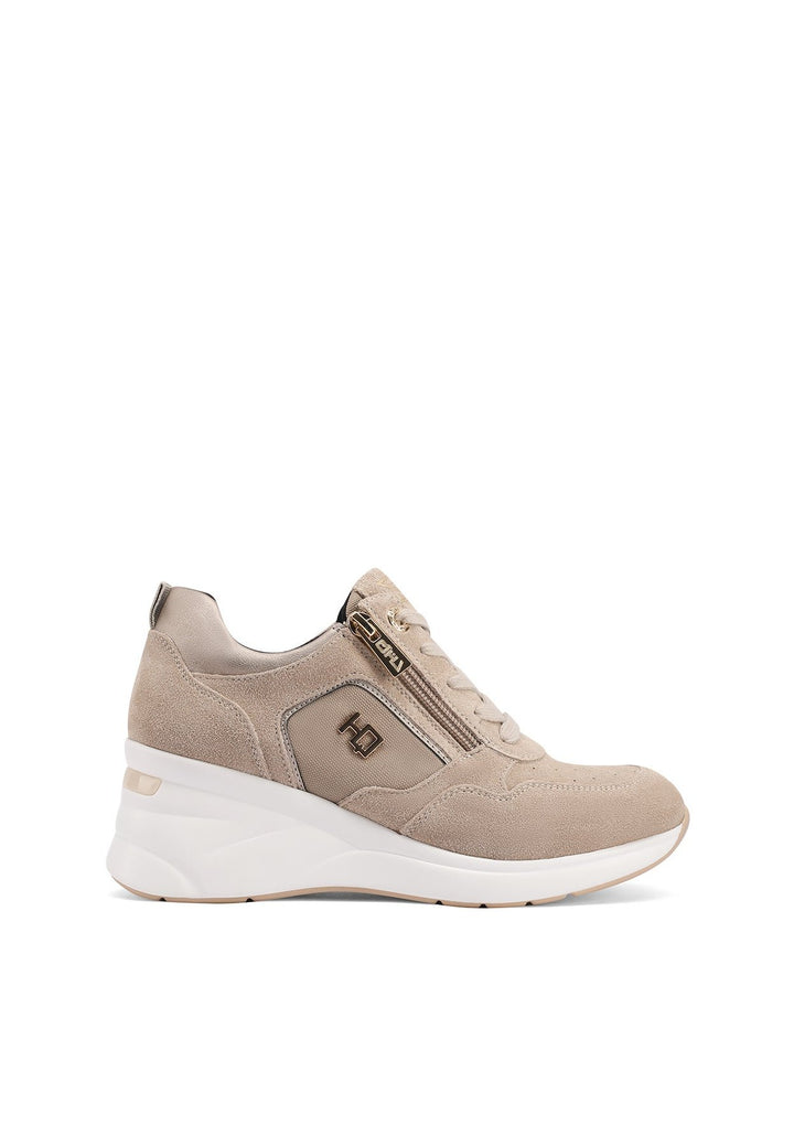 Sneakers stringate in vera pelle con zeppa colore beige