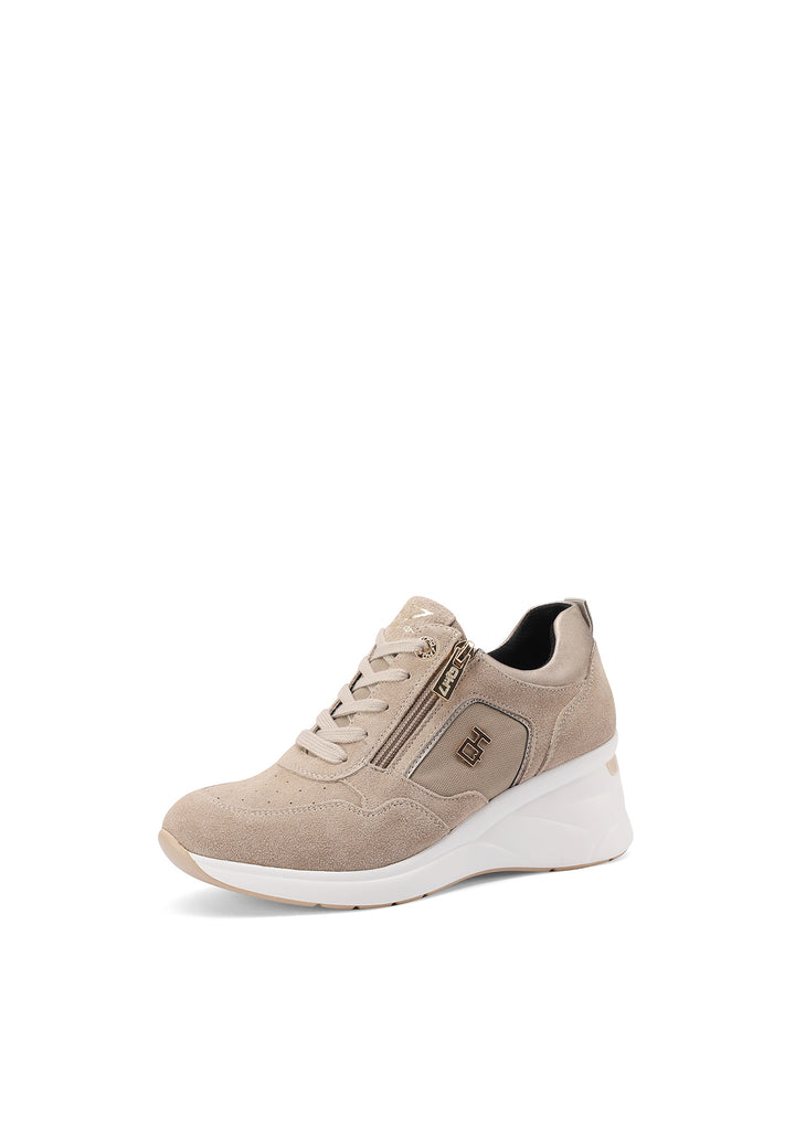 Sneakers stringate in vera pelle con zeppa colore beige