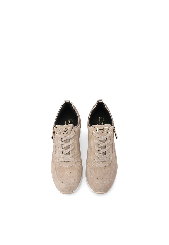 Sneakers stringate in vera pelle con zeppa colore beige