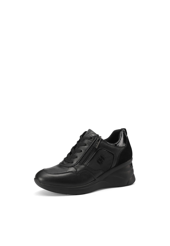 Sneakers stringate in vera pelle con zeppa colore nero