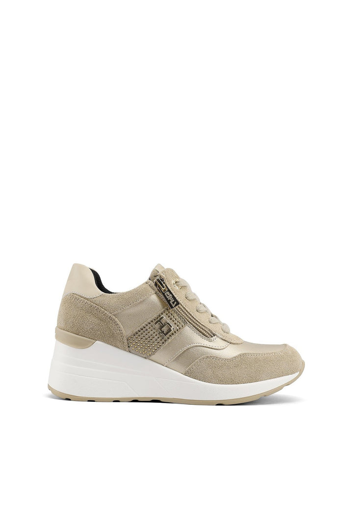 sneakers stringate in vera pelle con zeppa colore beige