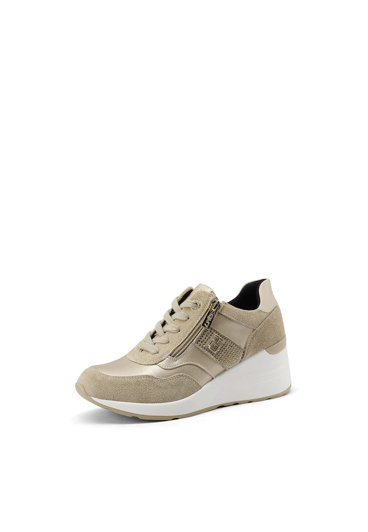 sneakers stringate in vera pelle con zeppa colore beige