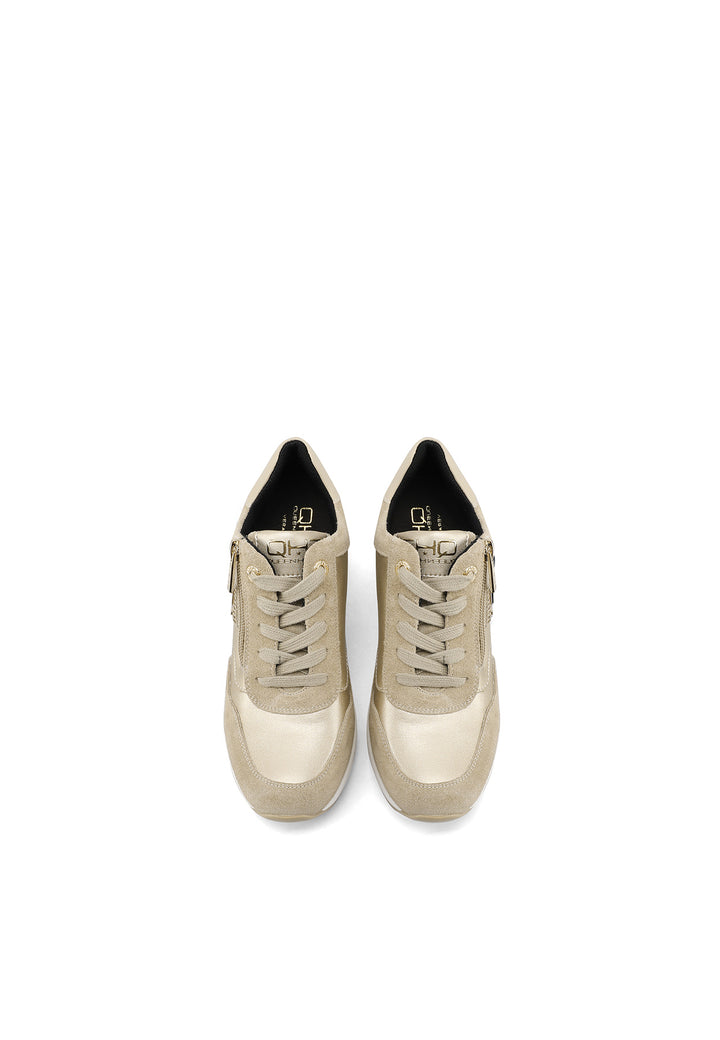 sneakers stringate in vera pelle con zeppa colore beige