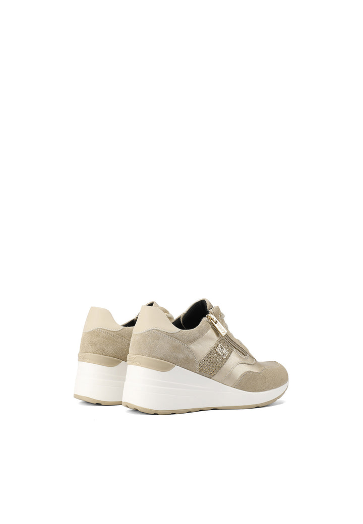 sneakers stringate in vera pelle con zeppa colore beige