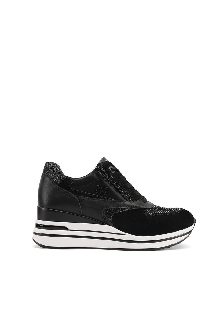 Sneakers stringate in vera pelle con zeppa colore nero