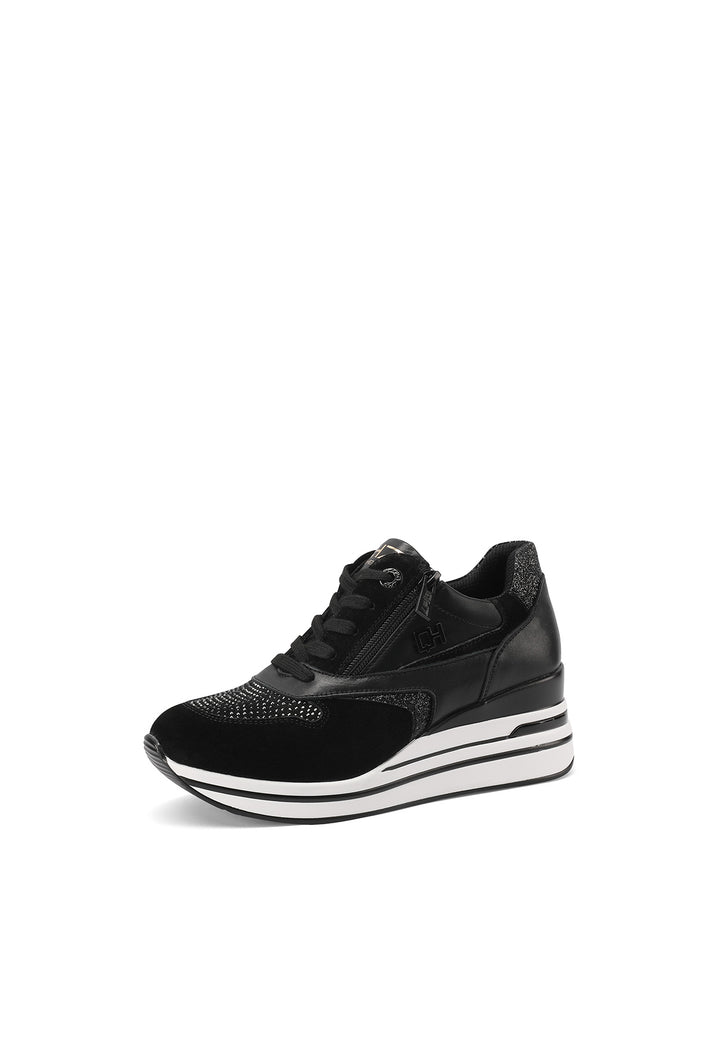 Sneakers stringate in vera pelle con zeppa colore nero