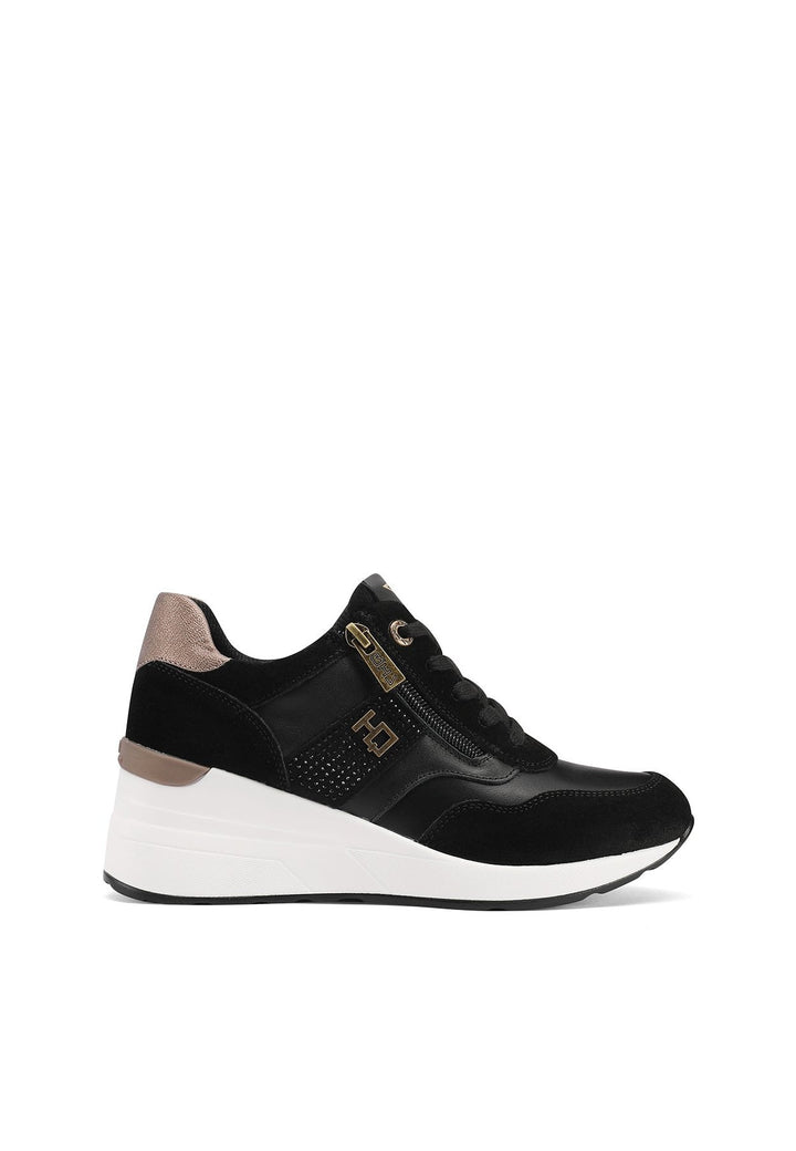 sneakers stringate in vera pelle con zeppa colore nero